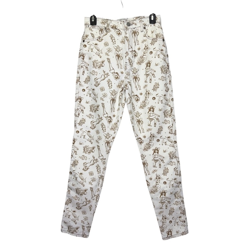 Reformation Cowboy‎ High Rise Straight Jeans 25 White Brown Western Saloon Print
